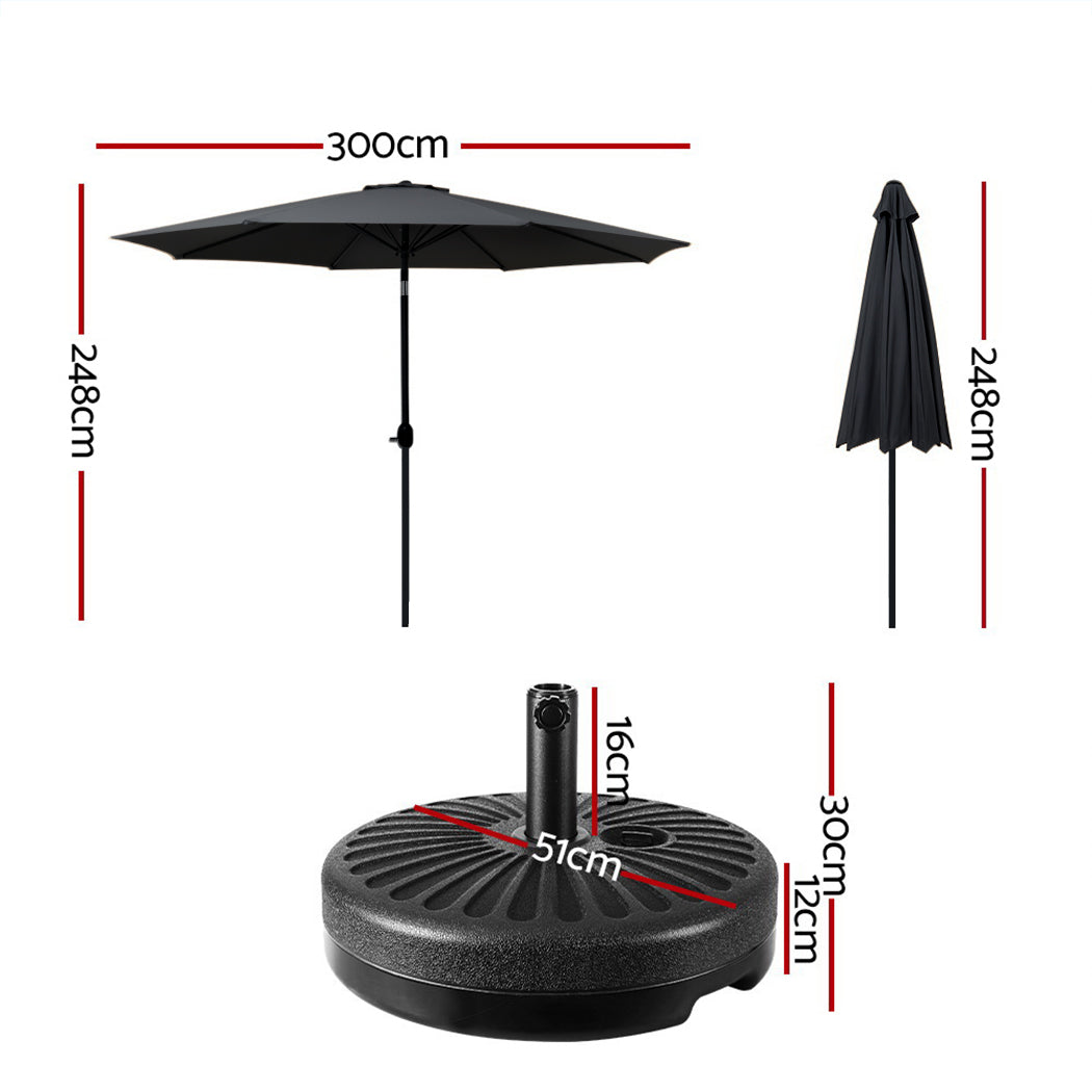 Black tilt umbrella with round weighted base and open canopy