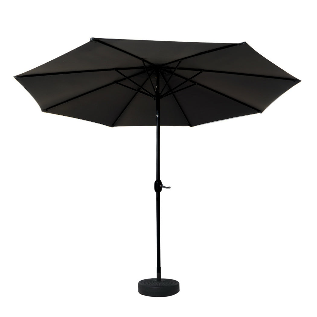 Black patio umbrella with open tilt canopy and round base