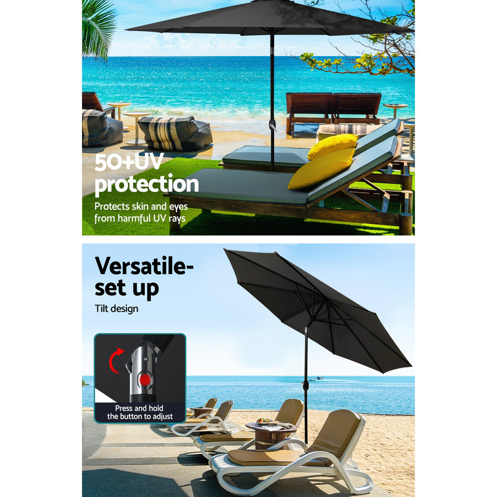 Black outdoor umbrella with open tilt canopy and central pole