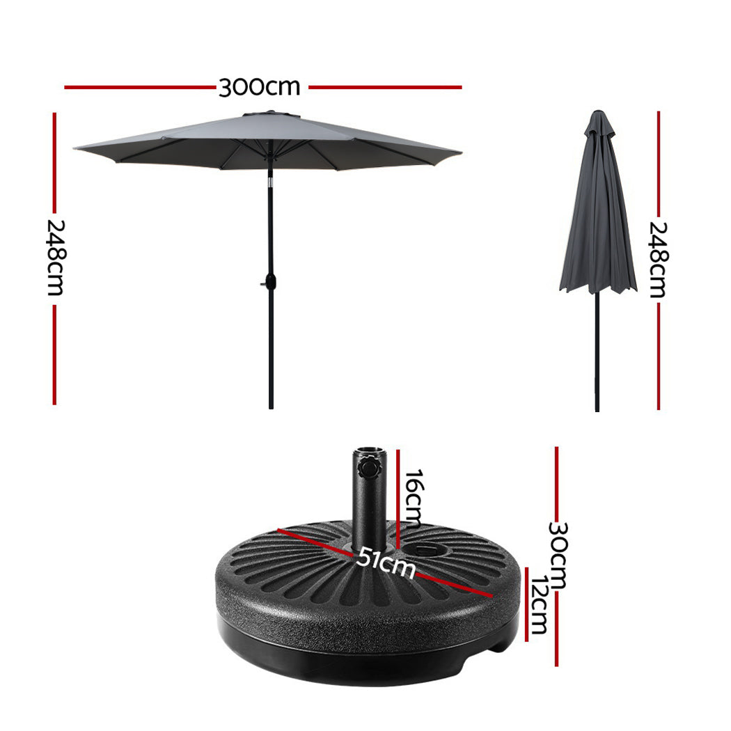 Charcoal outdoor umbrella with 300 cm canopy and 51 cm round weighted base, open