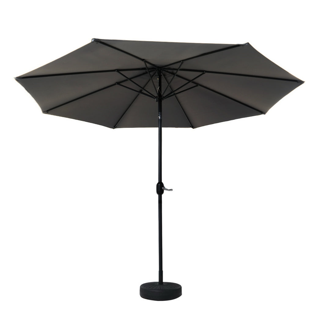 Charcoal outdoor umbrella with dark canopy and straight pole, round weighted base