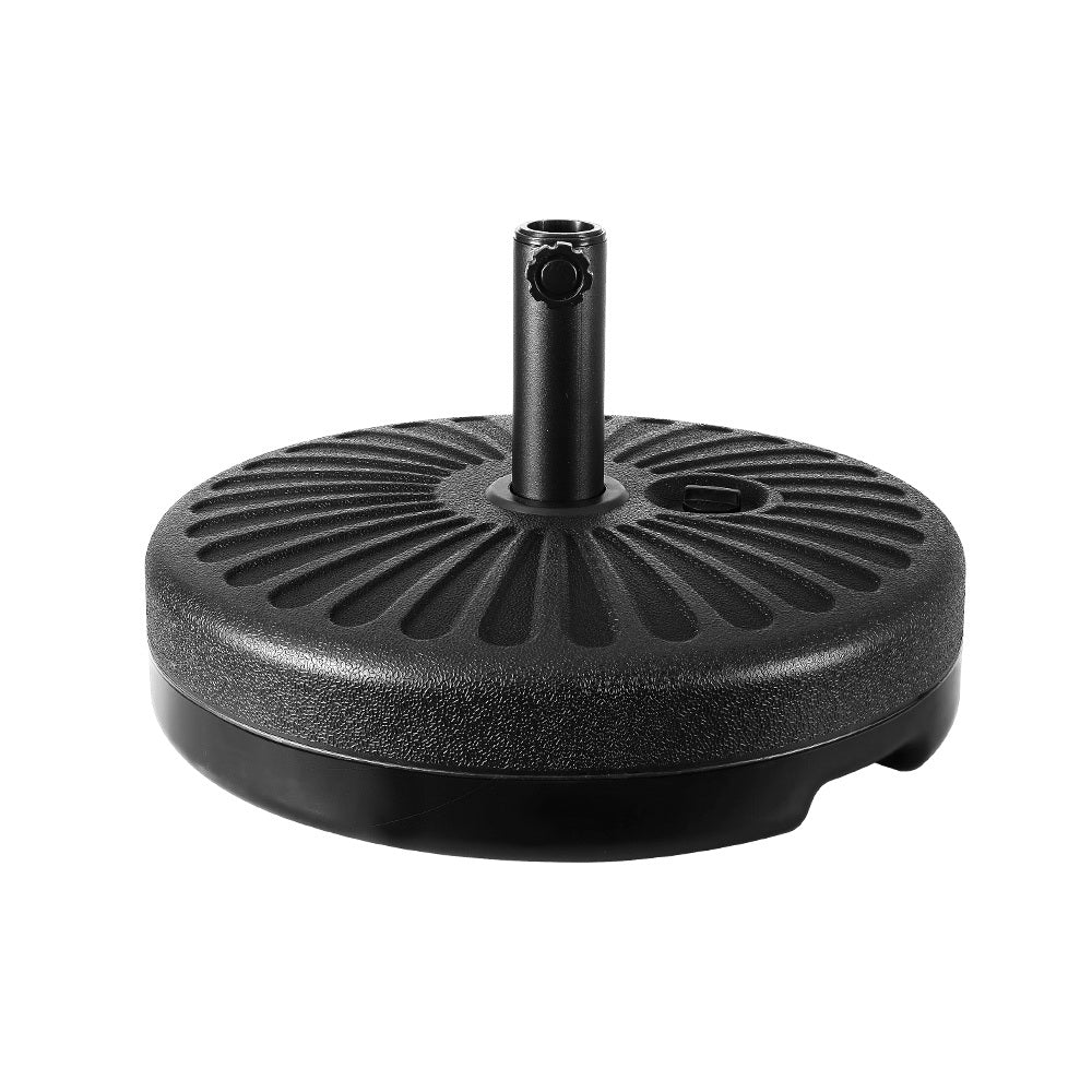 Black round umbrella base with textured finish and central pole mount