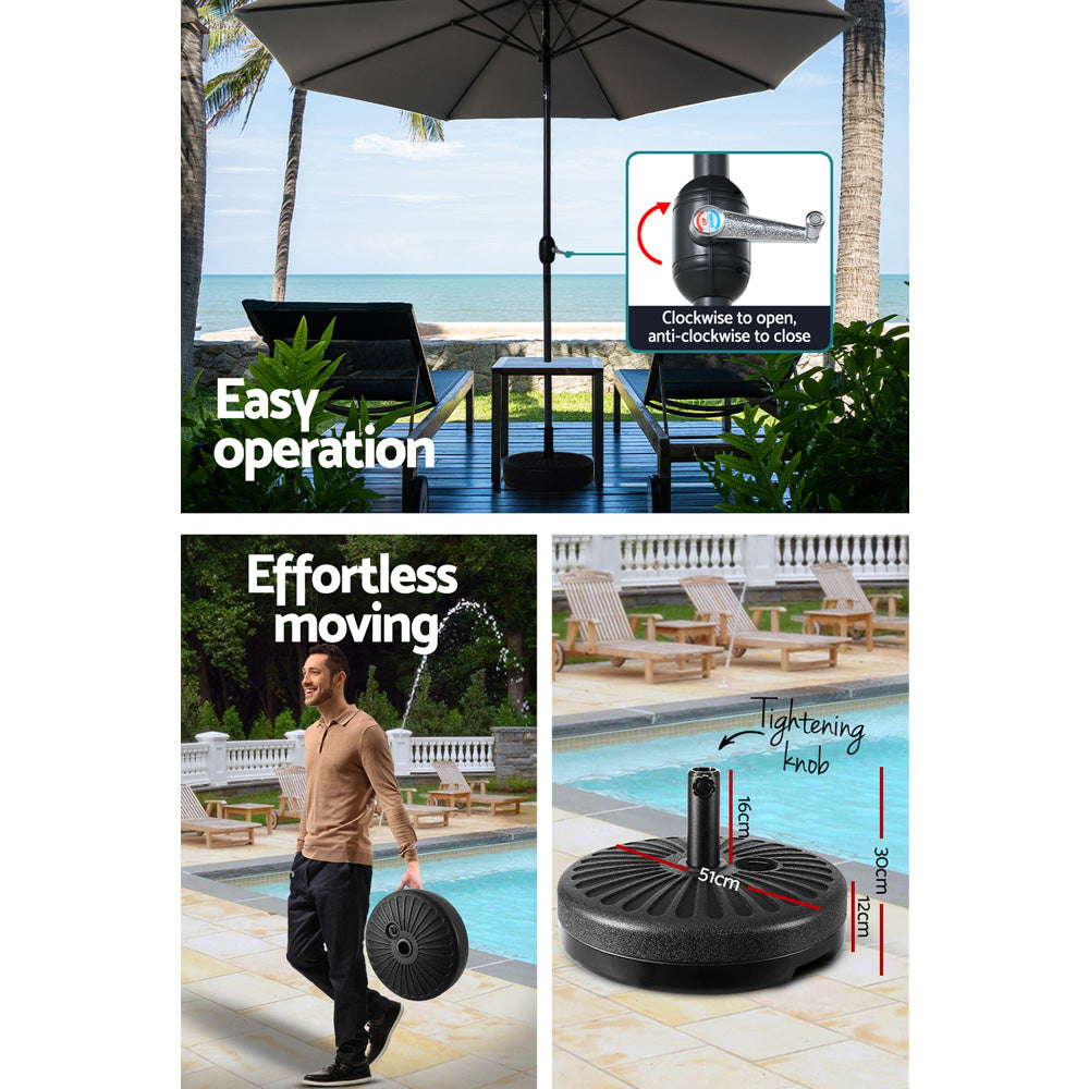 Charcoal outdoor umbrella pole with adjustment knob and open canopy, easy operation