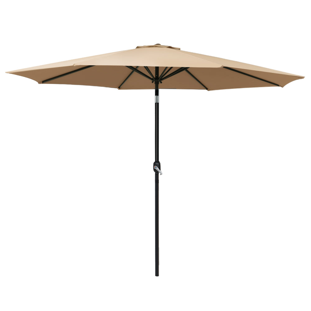 Beige outdoor patio umbrella with tilt canopy and black pole