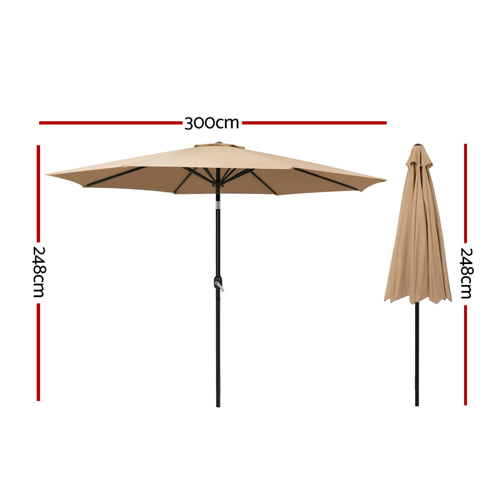 Beige patio umbrella with open canopy and black pole showing size proportions