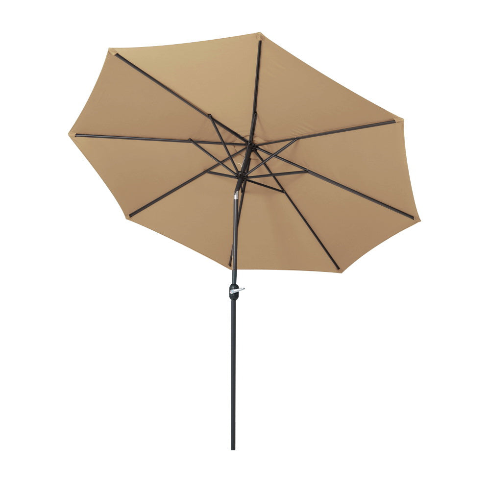 Beige patio umbrella with open canopy and cross-braced frame on black pole