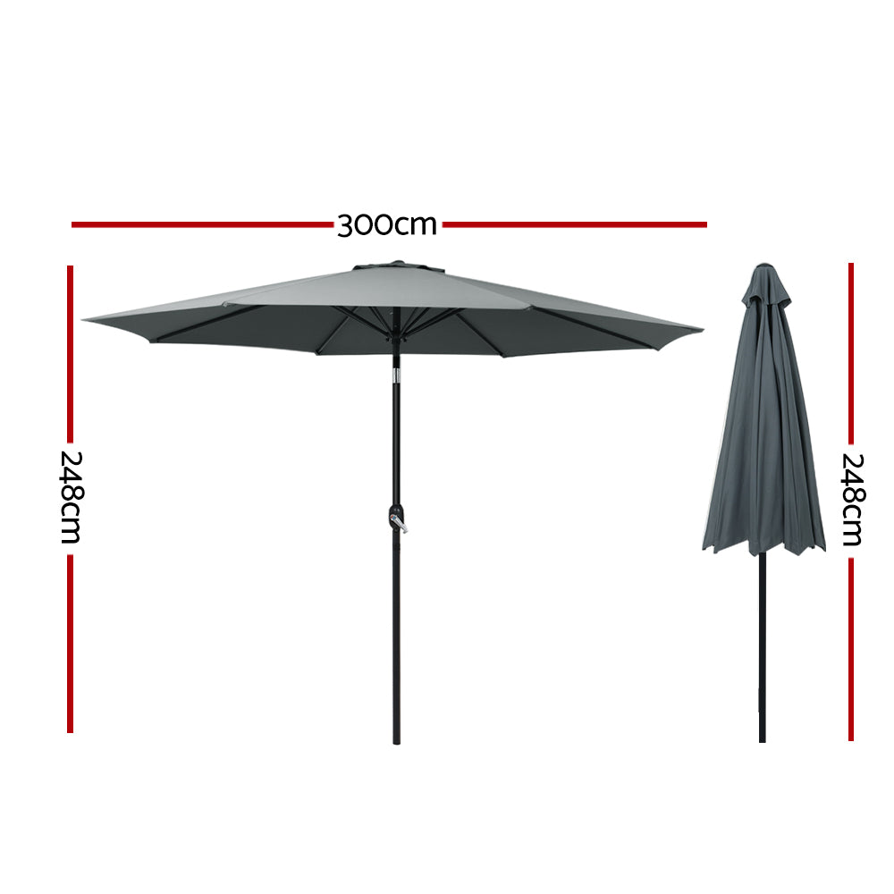 Charcoal outdoor umbrella with central pole, wide tilted canopy, open