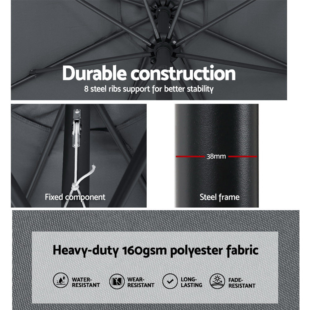 Charcoal umbrella canopy with steel ribs and central support frame