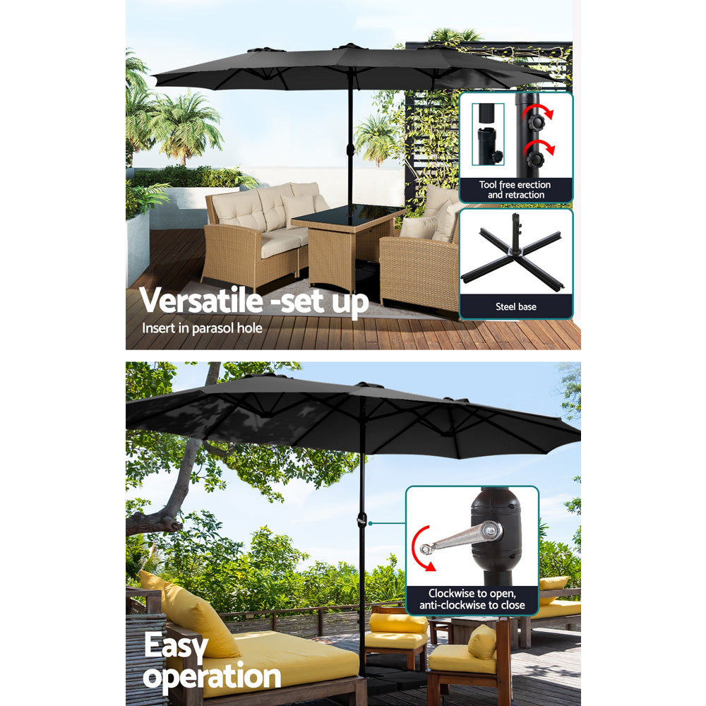 Black outdoor patio umbrella with tilt pole and square base stand.