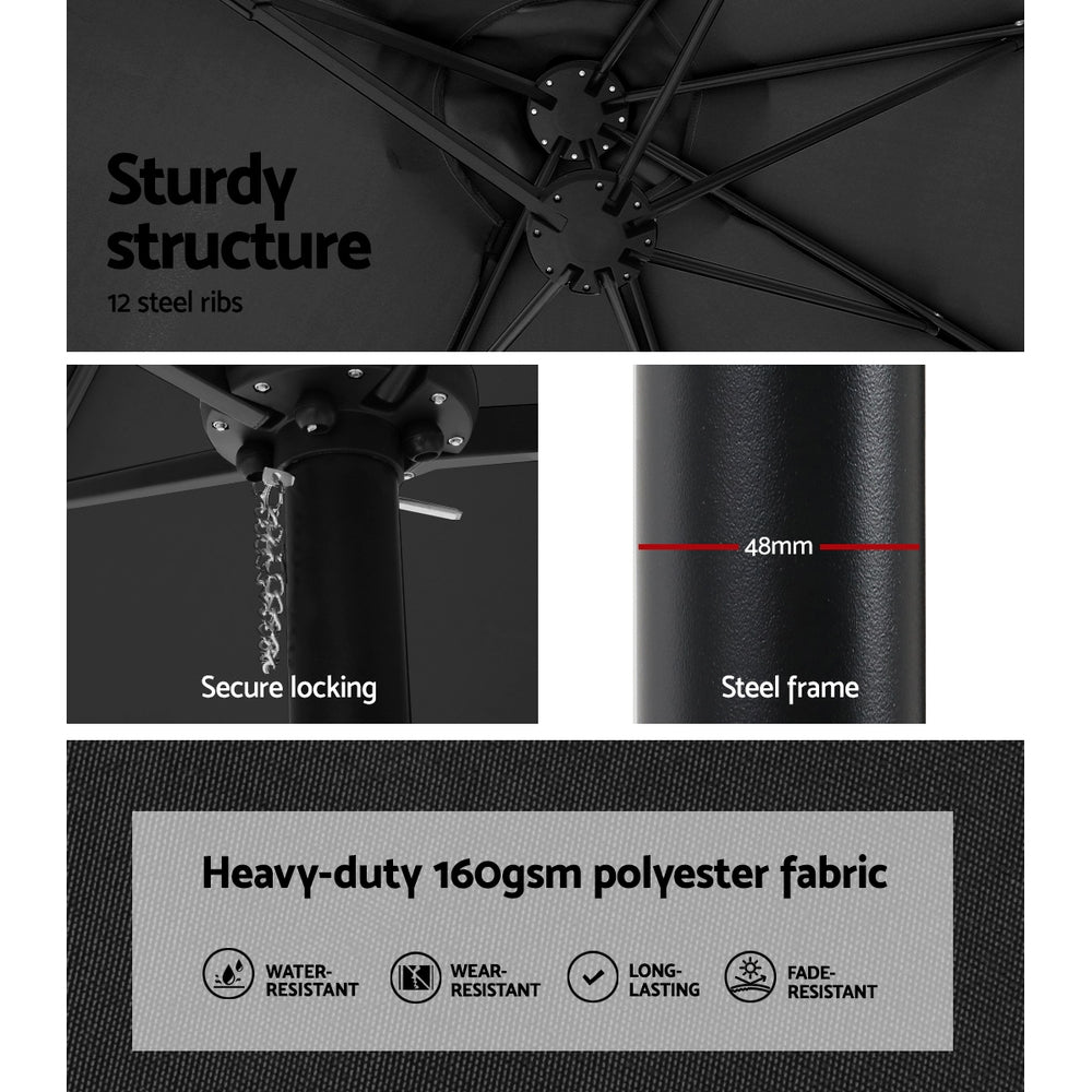 Black umbrella frame underside with steel ribs and secure locking hardware.
