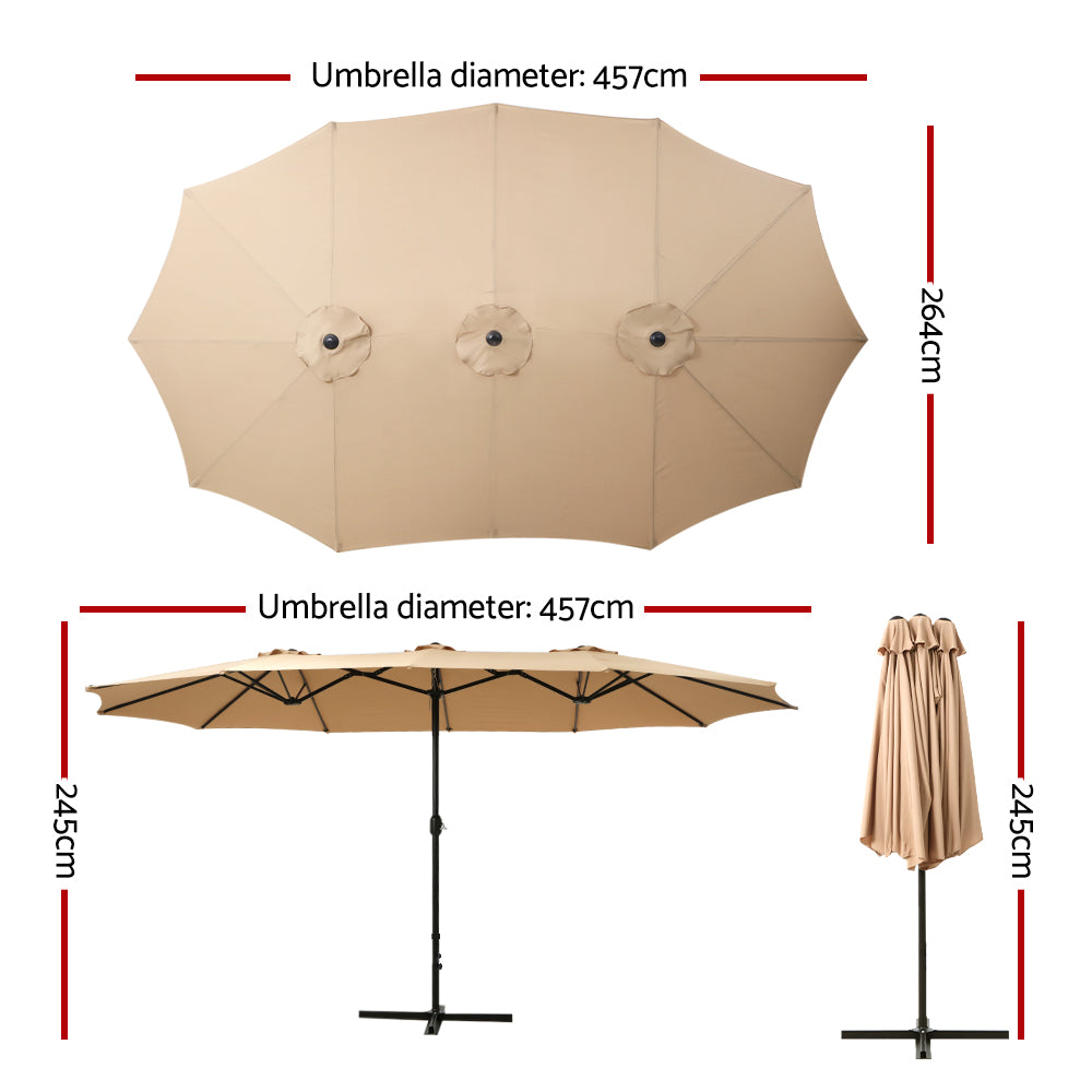Beige patio umbrella canopy with black ribs and 3 circular vent details