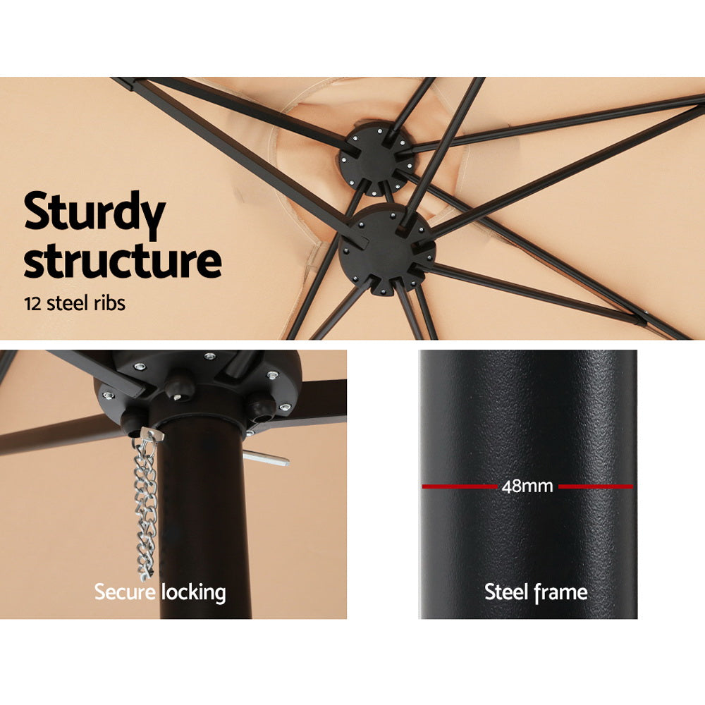 Beige umbrella canopy with black steel frame, 12 rib structure, locking hub