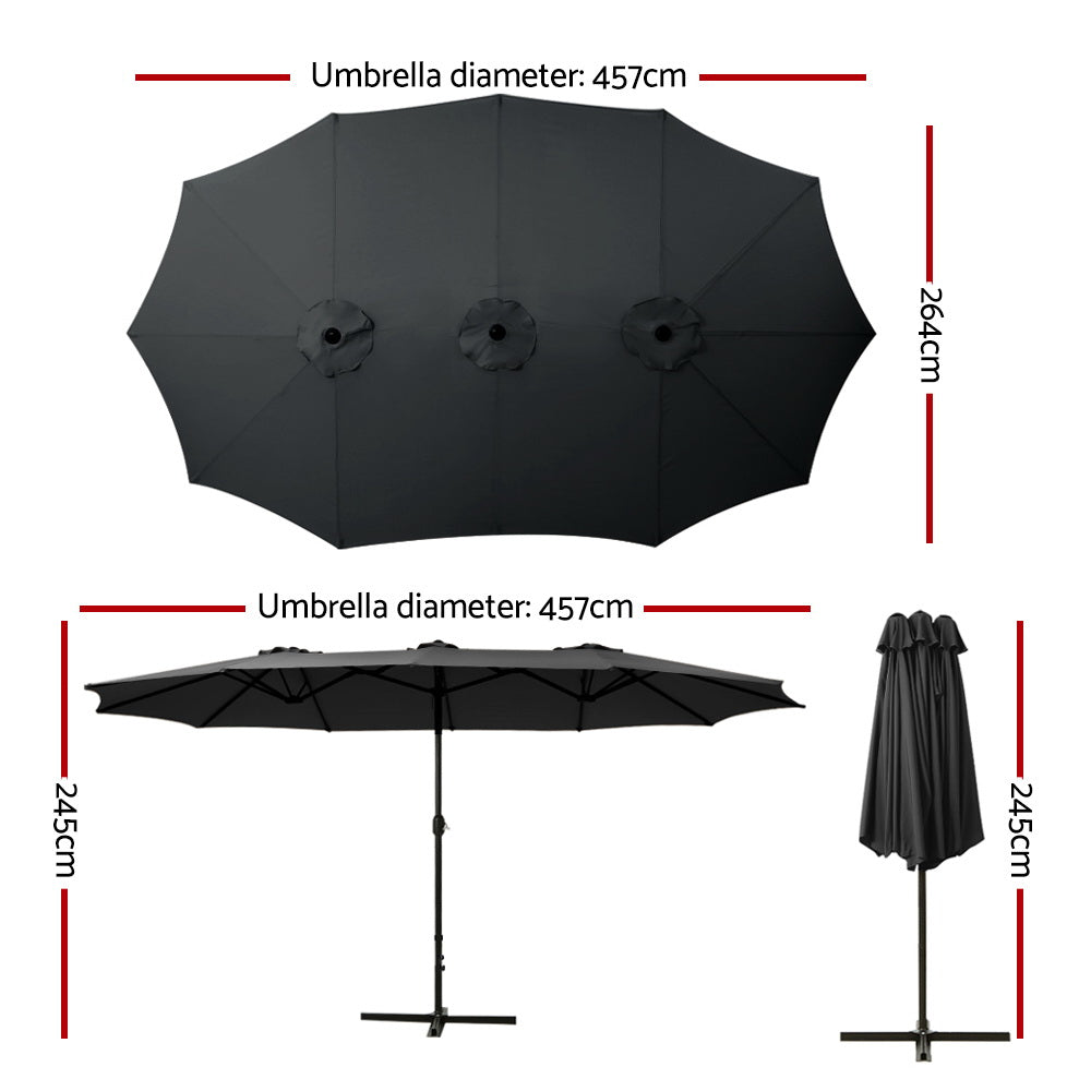 Black outdoor umbrella showing open canopy coverage and closed umbrella profile on a pole.