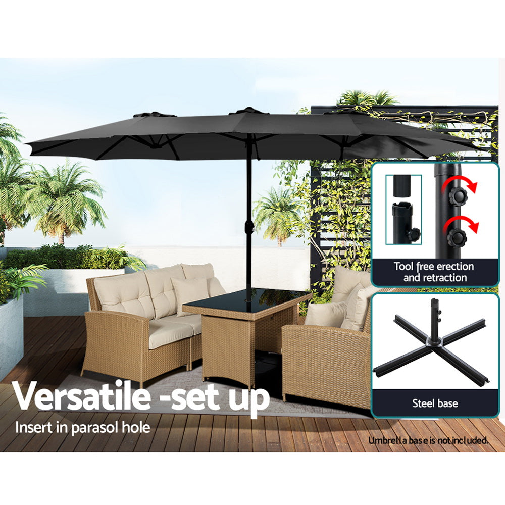 Black outdoor umbrella with open canopy; inset shows crank mechanism and steel base.