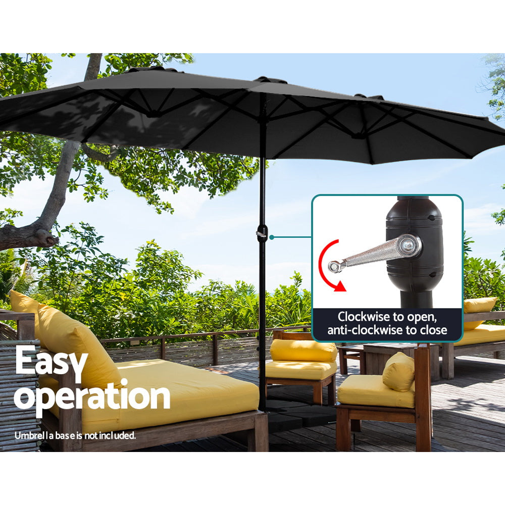 Black outdoor umbrella with open canopy; inset shows anti-clockwise open close control.