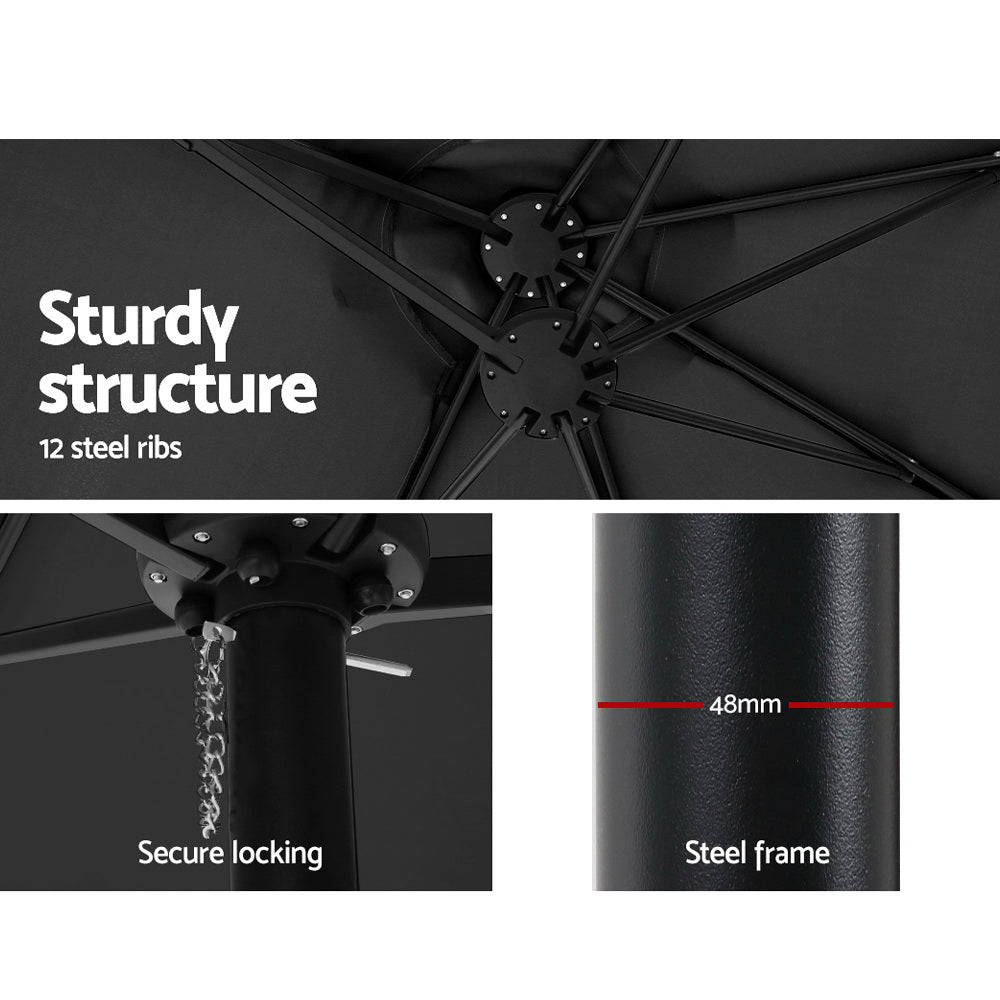 Underside of black outdoor umbrella with metal rib ribs and locking hardware near the pole.