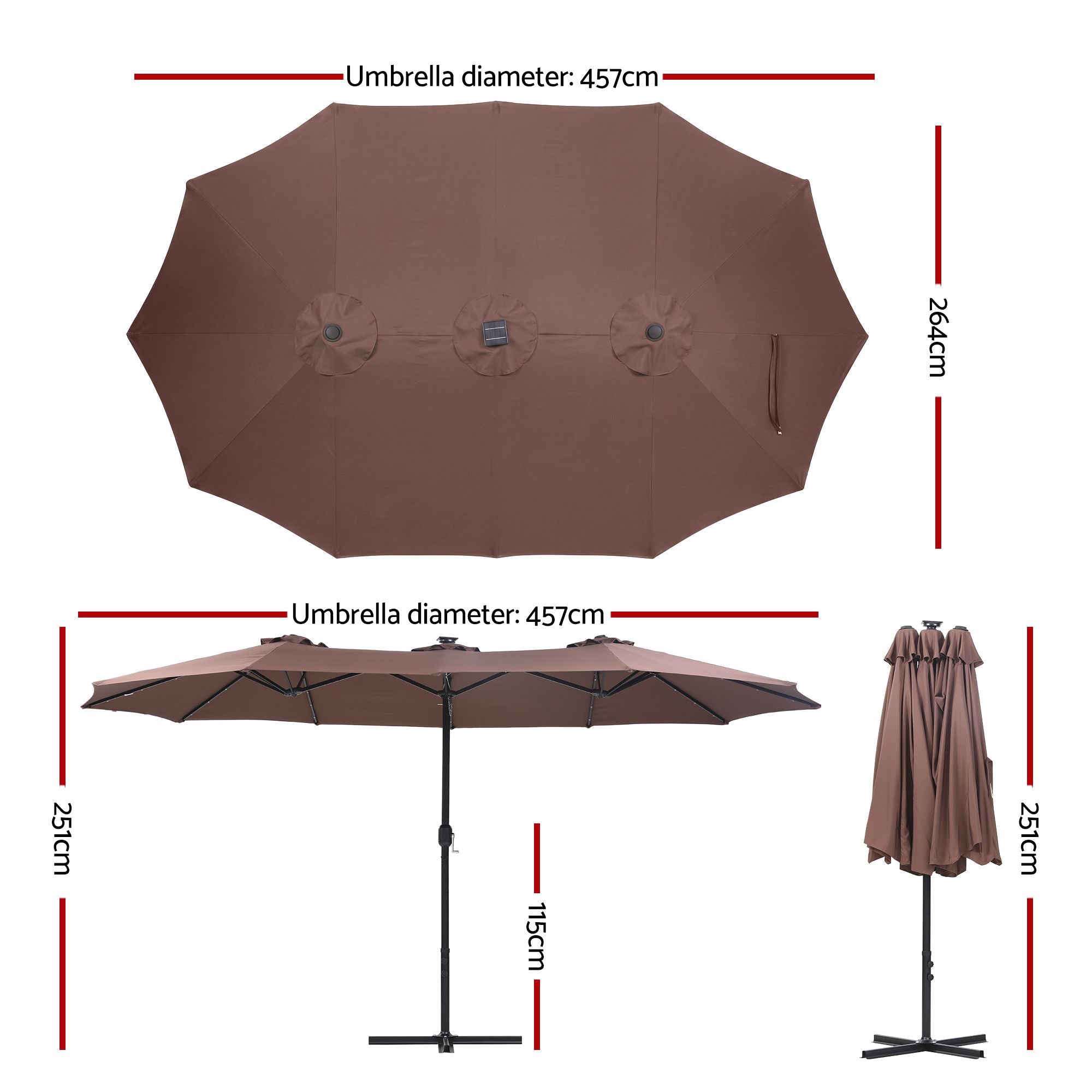 Instahut Outdoor Umbrella 4.57m Solar 48 LED Double-Sided Patio Parasol Brown Bedworld
