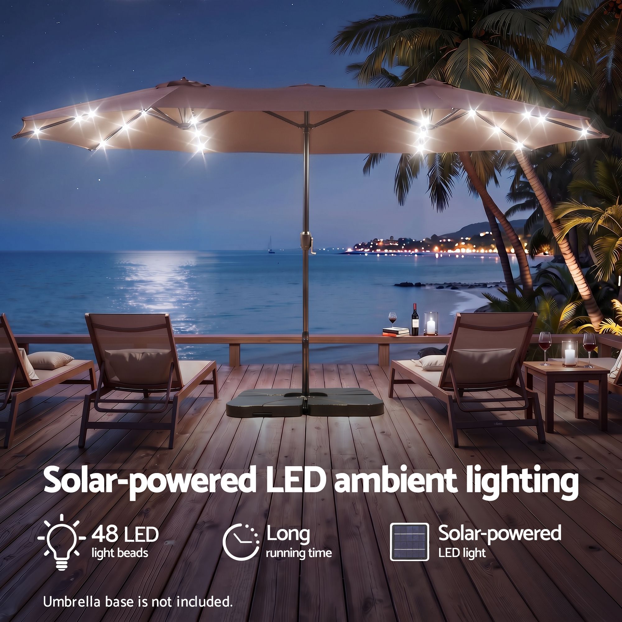 Instahut Outdoor Umbrella 4.57m Solar 48 LED Double-Sided Patio Parasol Brown Bedworld