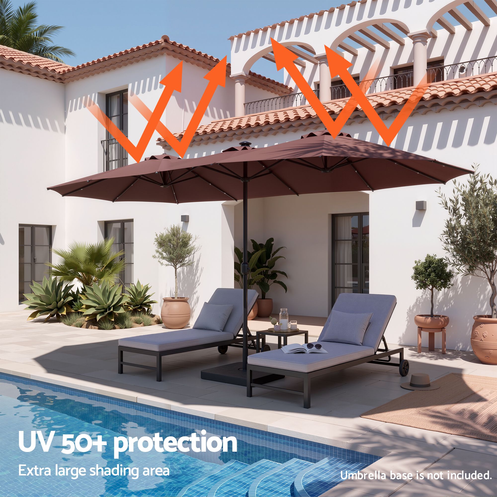 Instahut Outdoor Umbrella 4.57m Solar 48 LED Double-Sided Patio Parasol Brown Bedworld