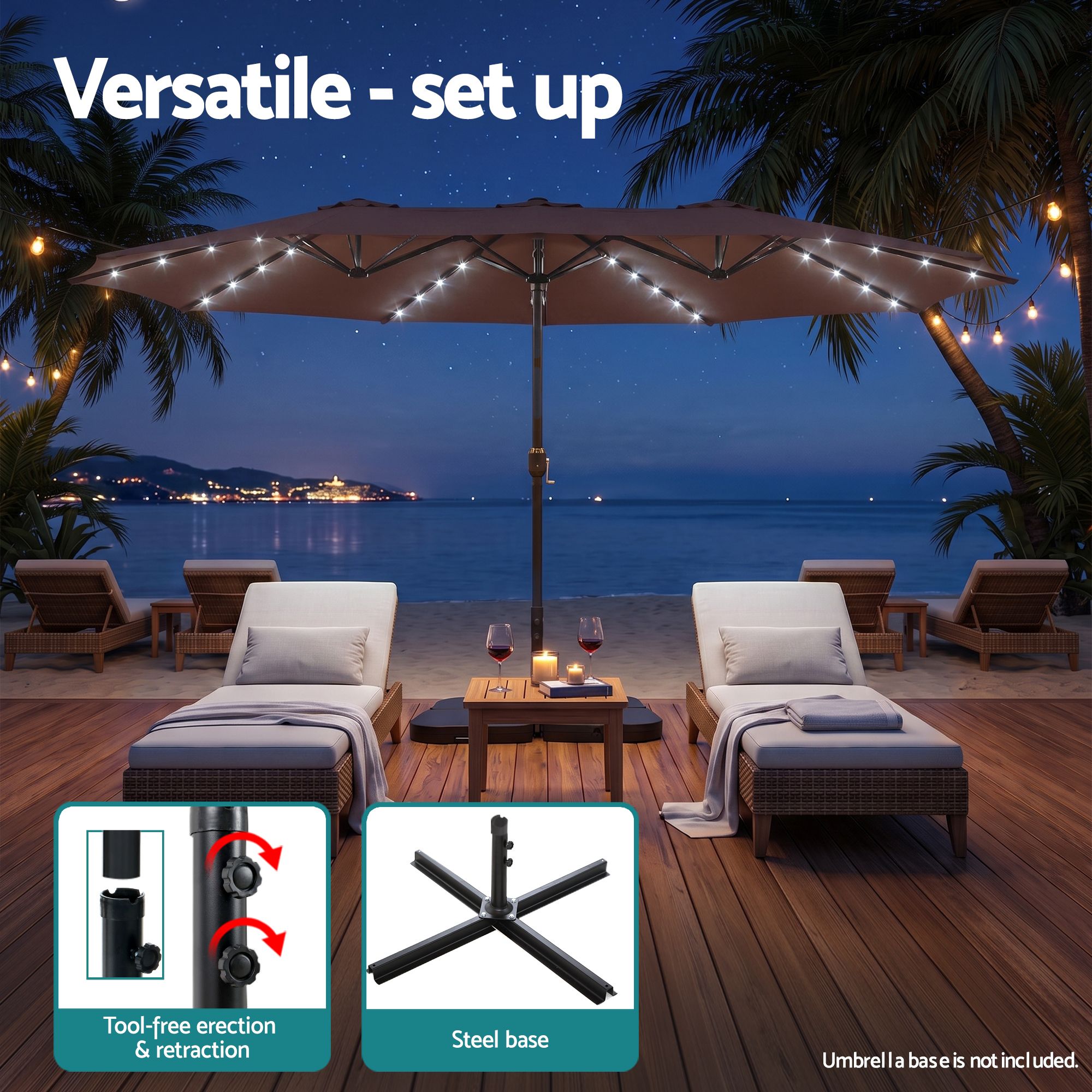 Instahut Outdoor Umbrella 4.57m Solar 48 LED Double-Sided Patio Parasol Brown Bedworld