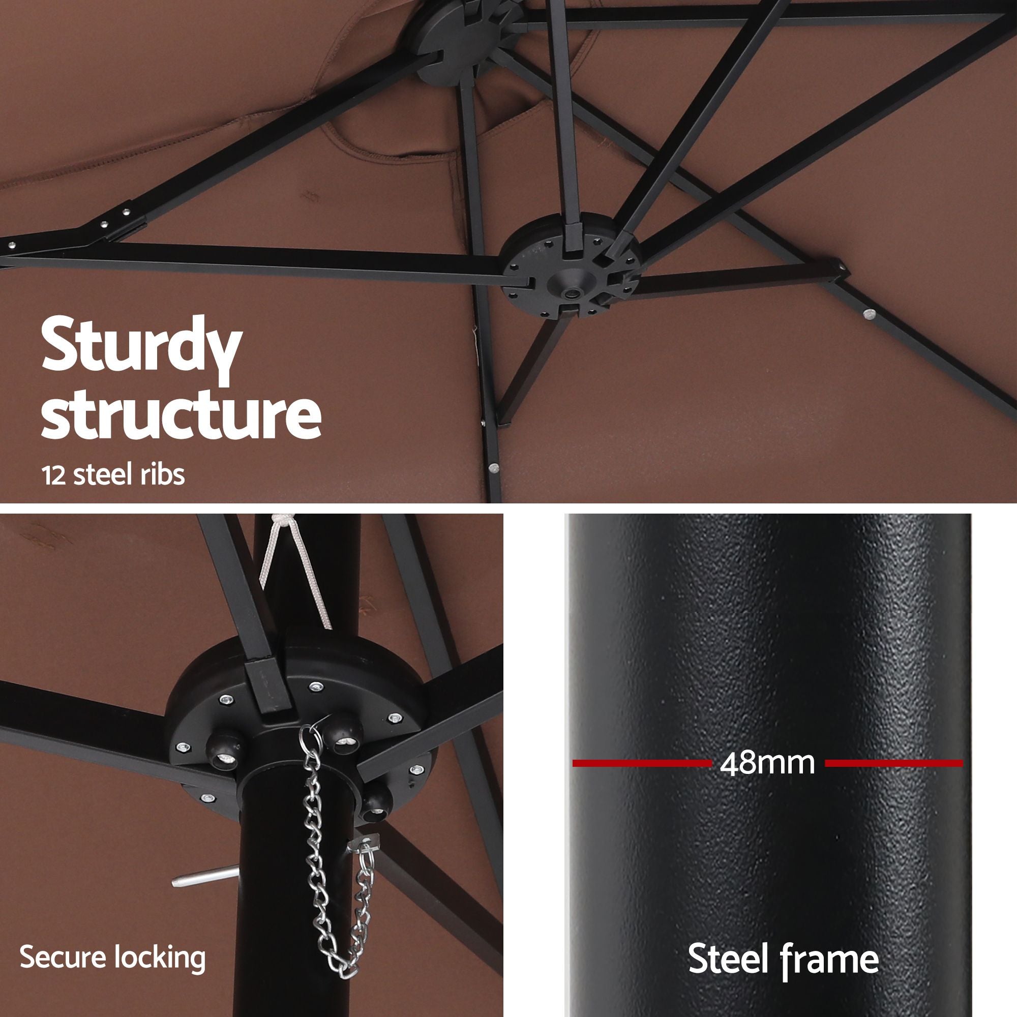 Instahut Outdoor Umbrella 4.57m Solar 48 LED Double-Sided Patio Parasol Brown Bedworld