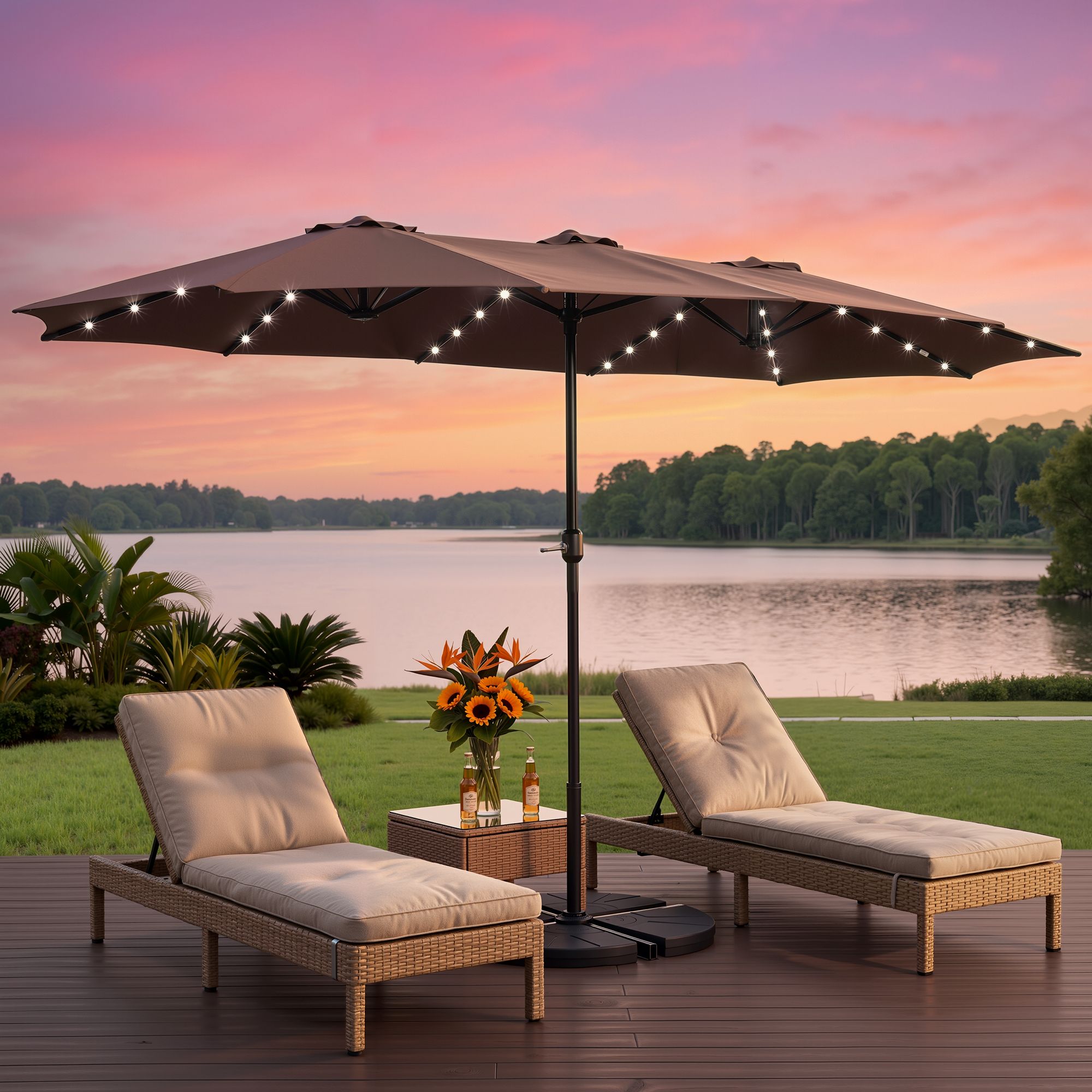 Instahut Outdoor Umbrella 4.57m Solar 48 LED Double-Sided Patio Parasol Brown Bedworld