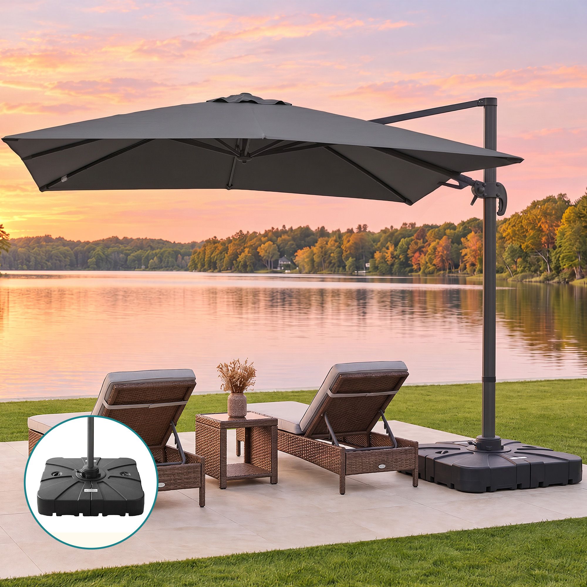 Instahut Outdoor Umbrella w/Base 3m Cantilever Stand Sun Roma 360 Degree Charcoal Bedworld