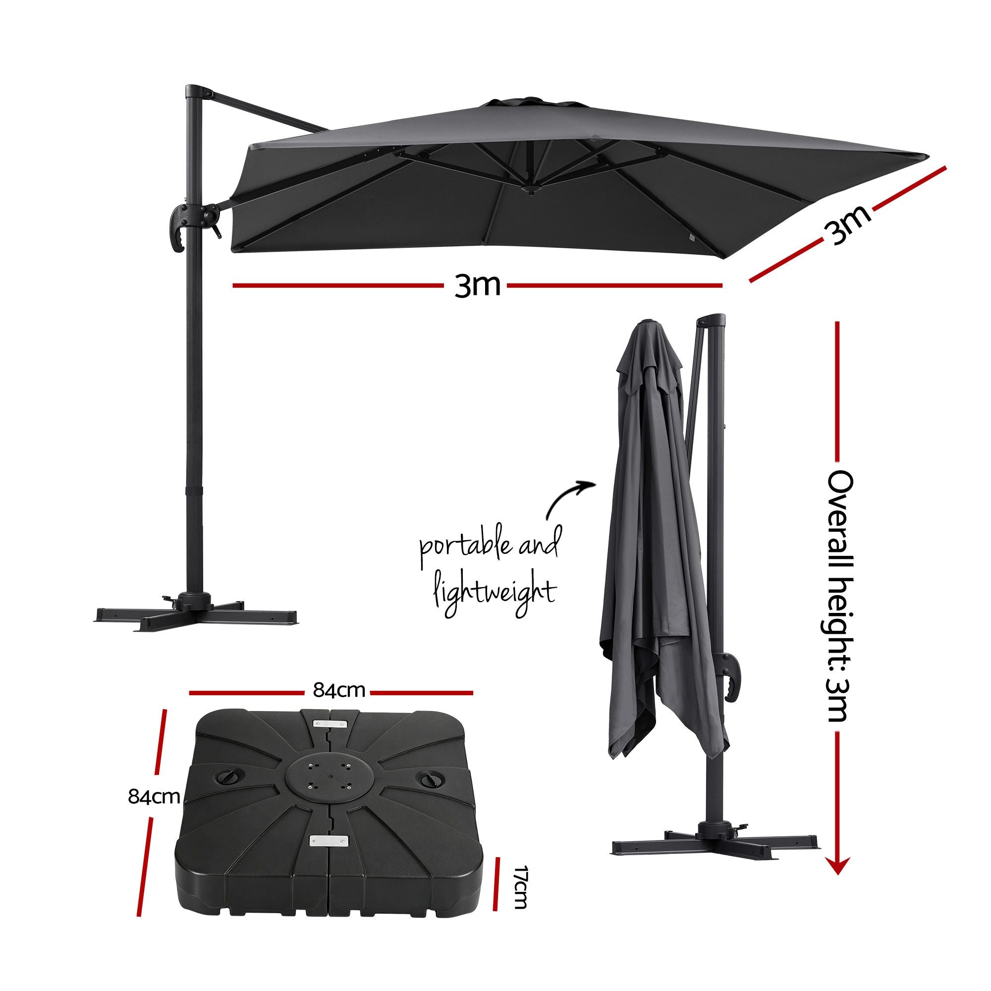 Instahut Outdoor Umbrella w/Base 3m Cantilever Stand Sun Roma 360 Degree Charcoal Bedworld