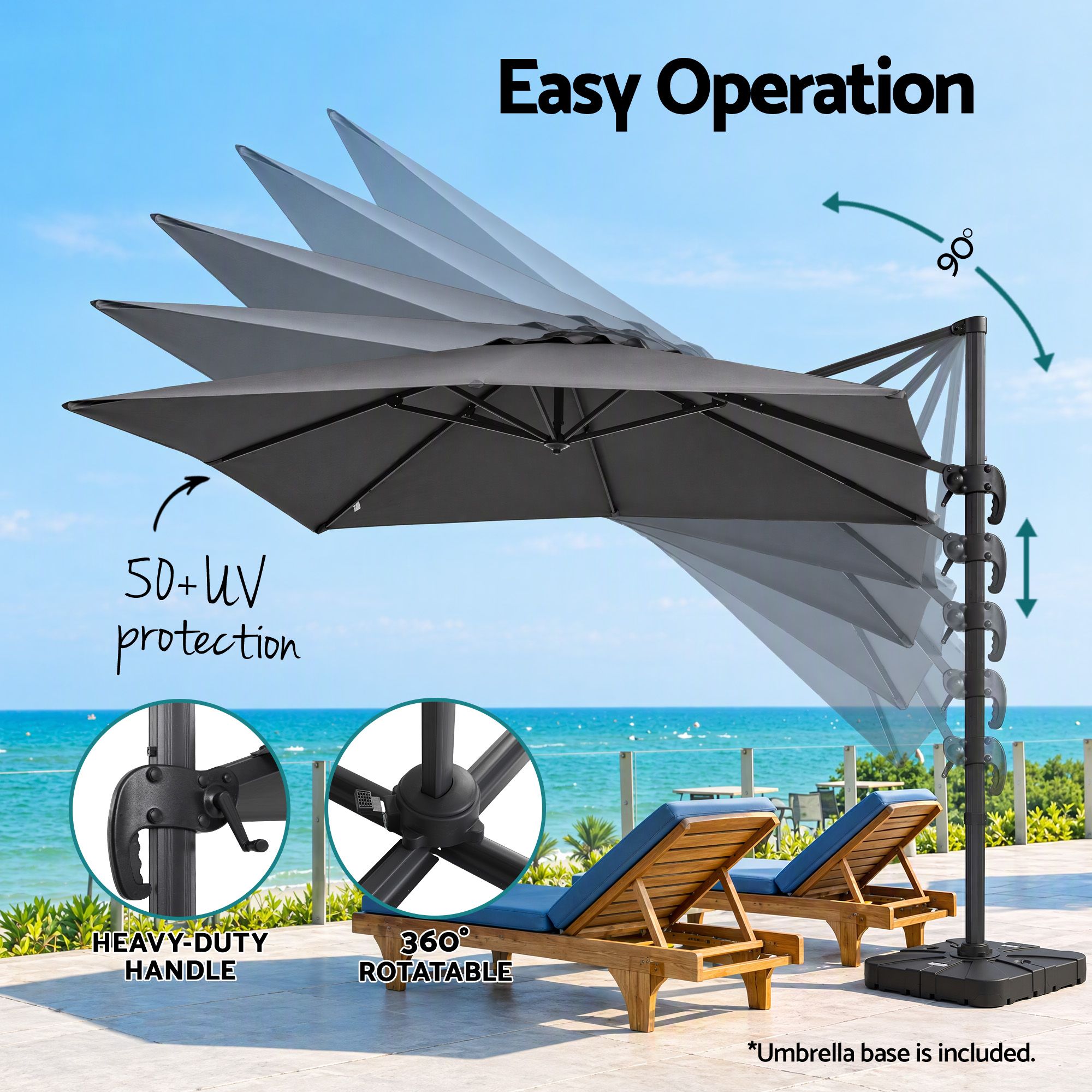 Instahut Outdoor Umbrella w/Base 3m Cantilever Stand Sun Roma 360 Degree Charcoal Bedworld