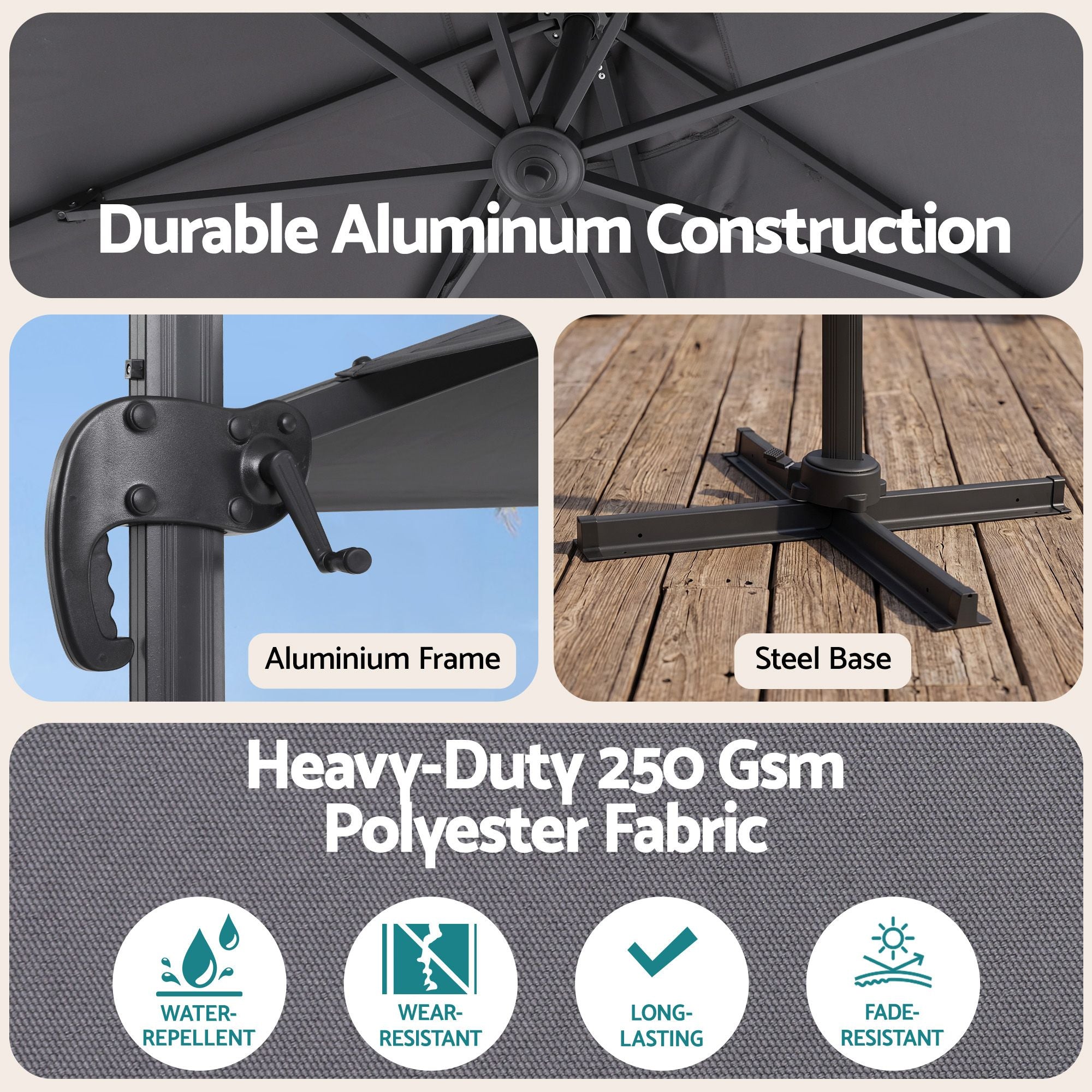 Instahut Outdoor Umbrella w/Base 3m Cantilever Stand Sun Roma 360 Degree Charcoal Bedworld