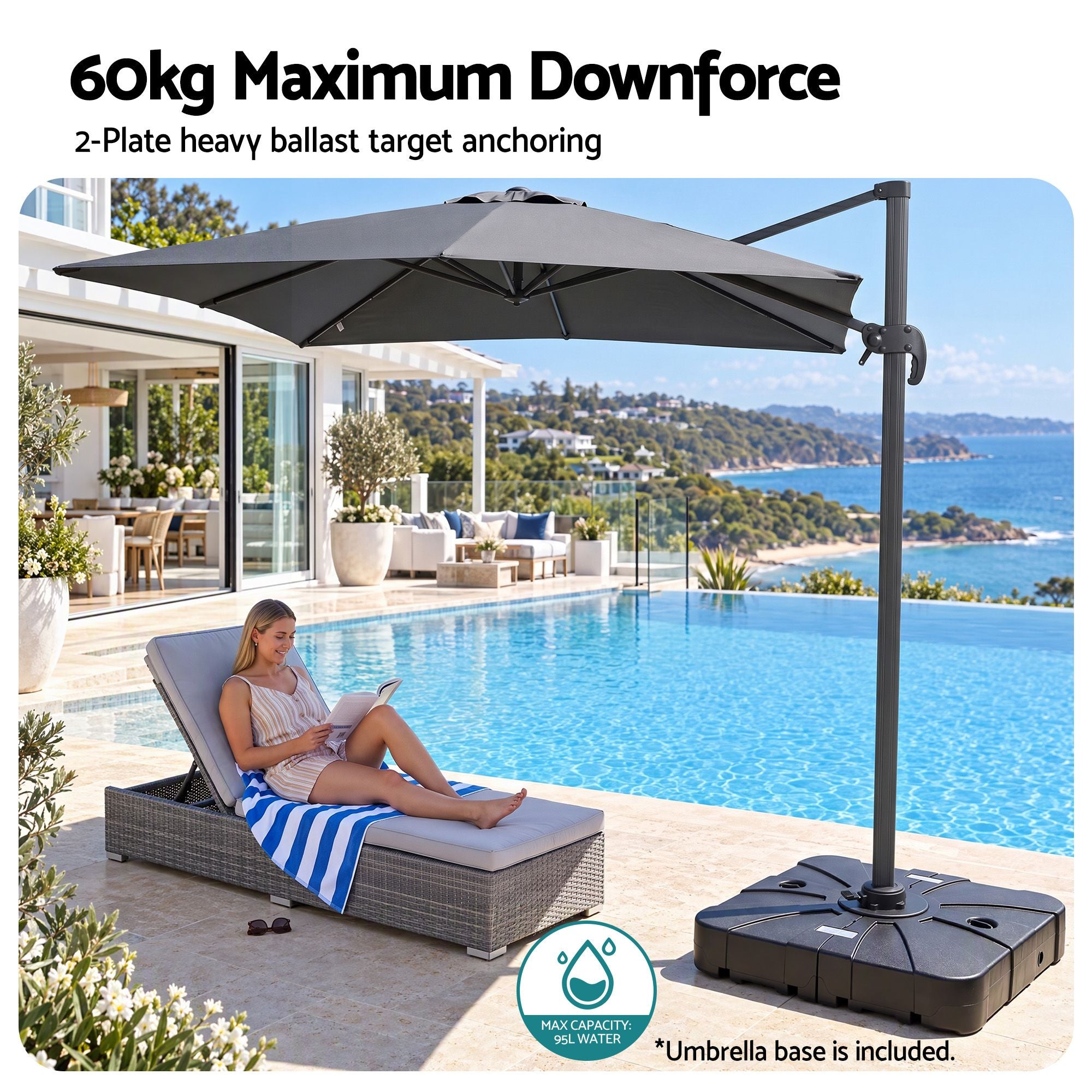 Instahut Outdoor Umbrella w/Base 3m Cantilever Stand Sun Roma 360 Degree Charcoal Bedworld