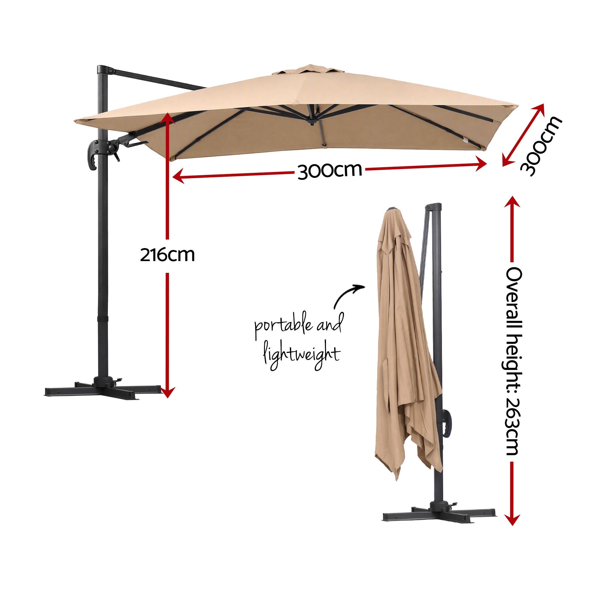 Instahut Outdoor Umbrella 3m Left-right Tilting Cantilever Patio Parasol Beige Bedworld