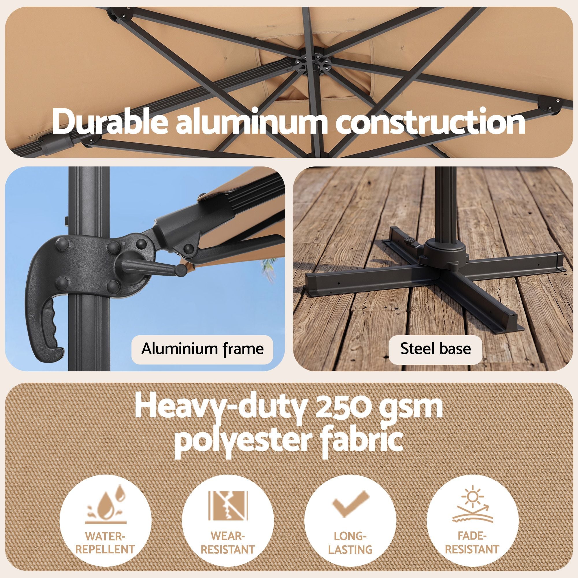 Instahut Outdoor Umbrella 3m Left-right Tilting Cantilever Patio Parasol Beige Bedworld