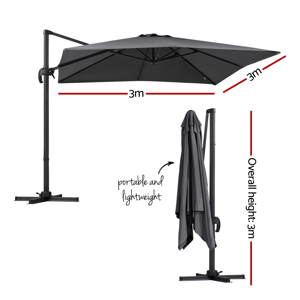 Instahut Outdoor Umbrella 3m Umbrellas Cantilever Stand Sun Roma 360 Degree Charcoal Bedworld