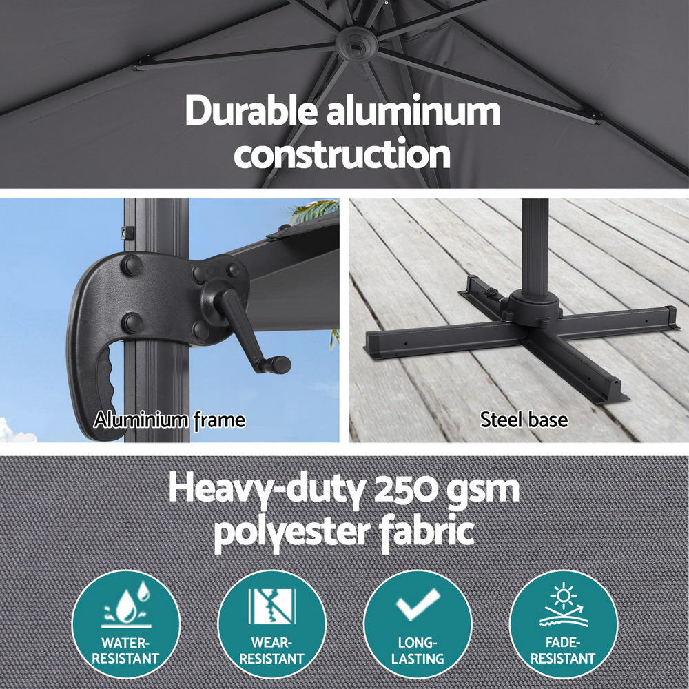 Instahut Outdoor Umbrella 3m Umbrellas Cantilever Stand Sun Roma 360 Degree Charcoal Bedworld
