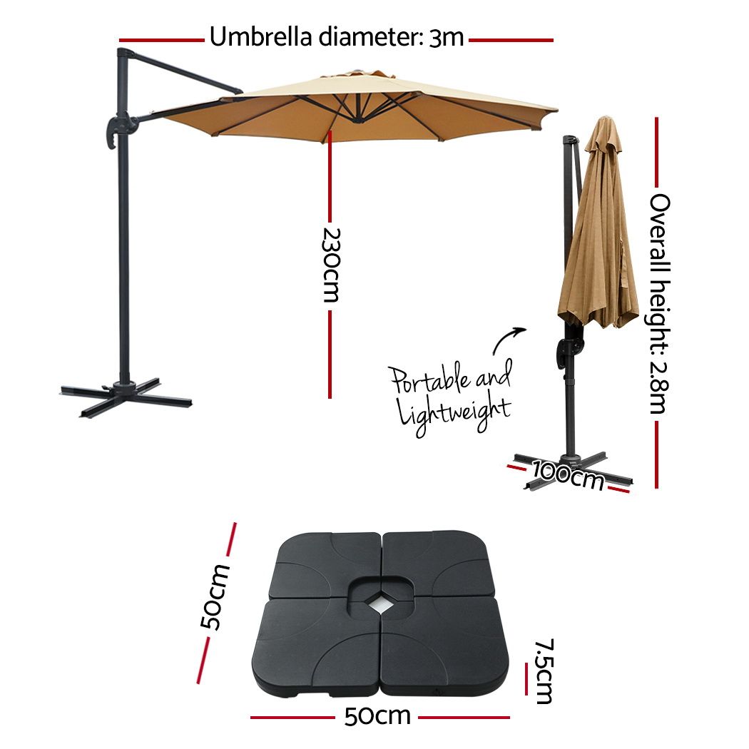 Cantilever patio umbrella, beige canopy; 3 m diameter and height/offset shown