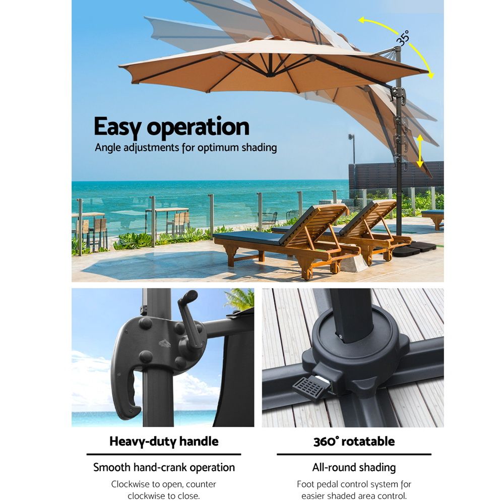Beige cantilever umbrella with rotating tilt mechanism callouts