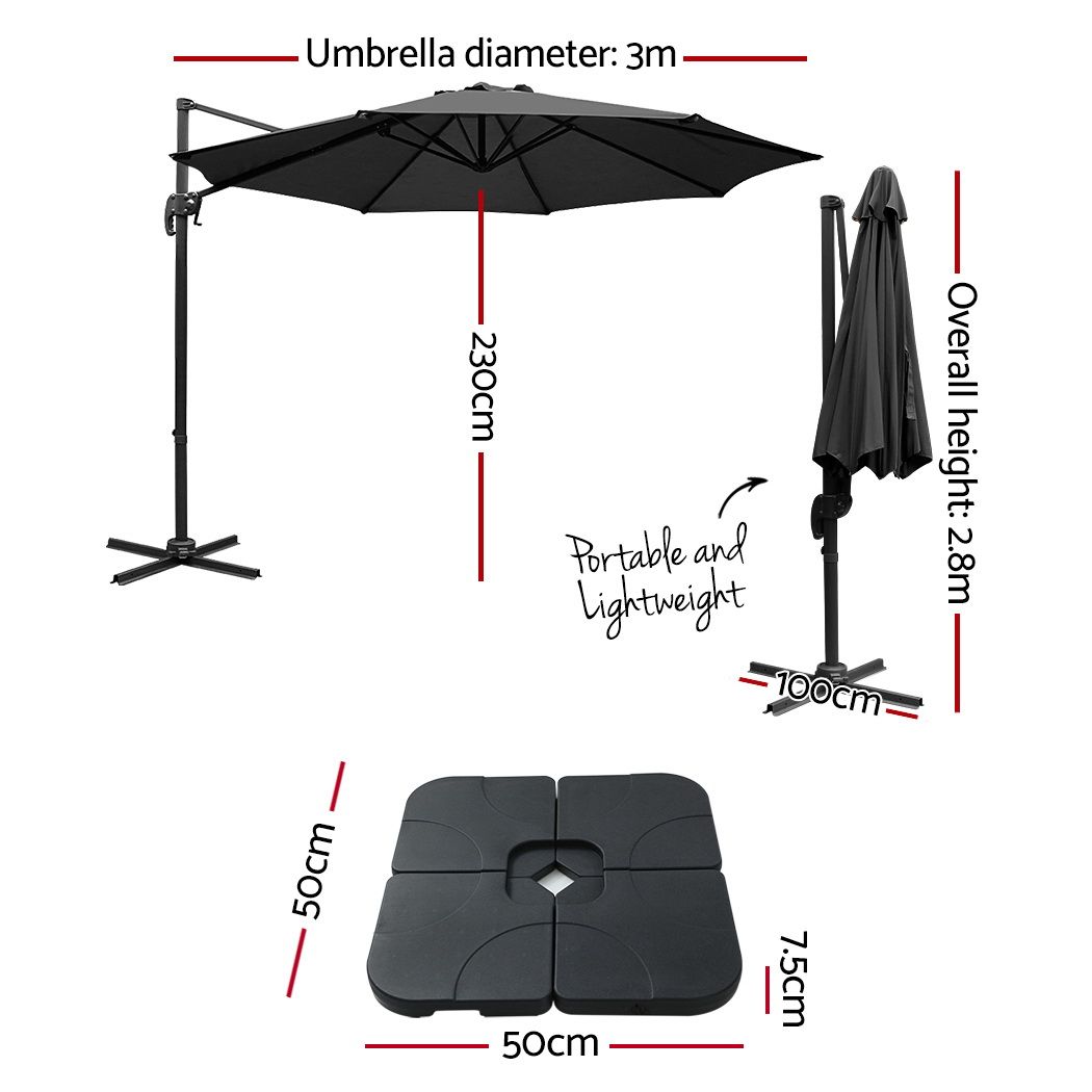 Black 3 m cantilever umbrella with center pole, tilt canopy, and weighted base