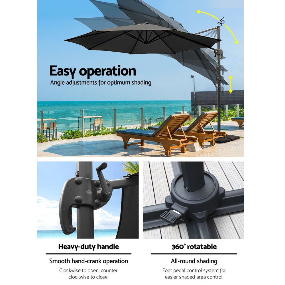 Black cantilever umbrella with crank handle and rotatable pole illustration
