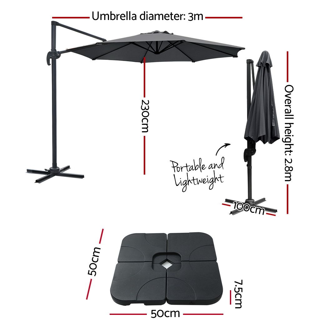 Charcoal 3 m cantilever umbrella showing open canopy, pole, and square weighted base