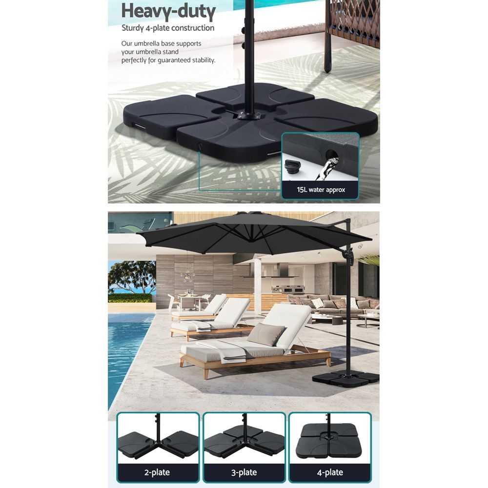 Charcoal umbrella base with multiple plates and center pole support, shown with inserts