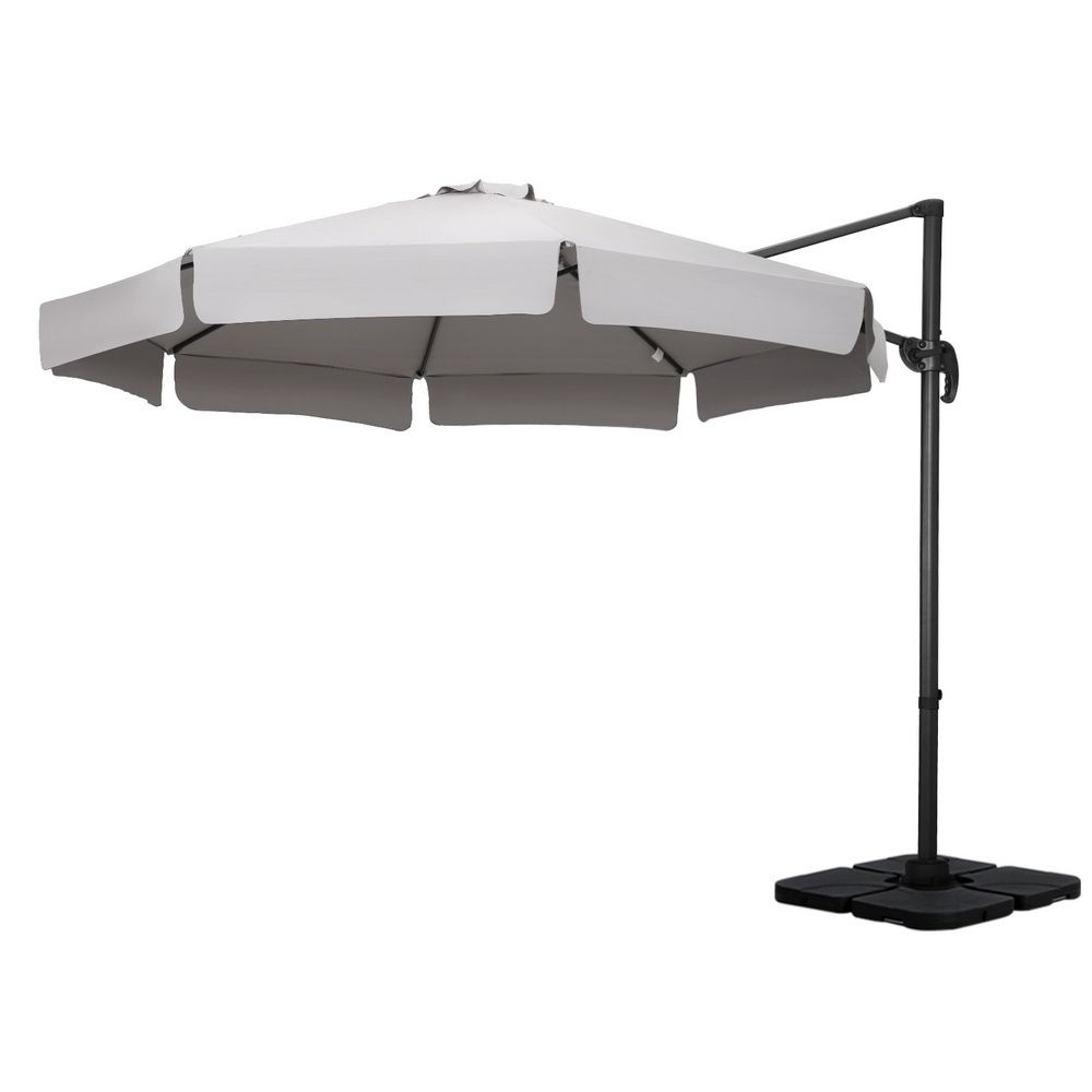 3m cantilever patio umbrella with light grey canopy and black cross base
