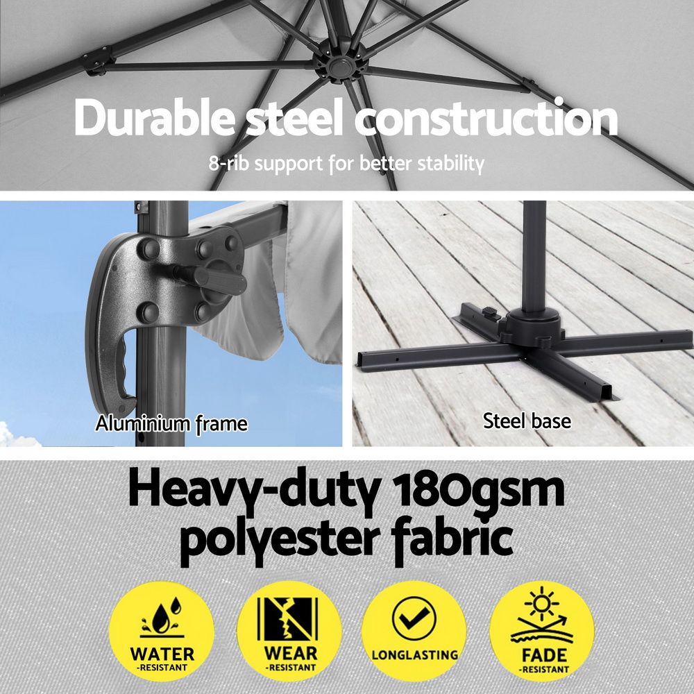 Open cantilever patio umbrella canopy with central hub and black support pole