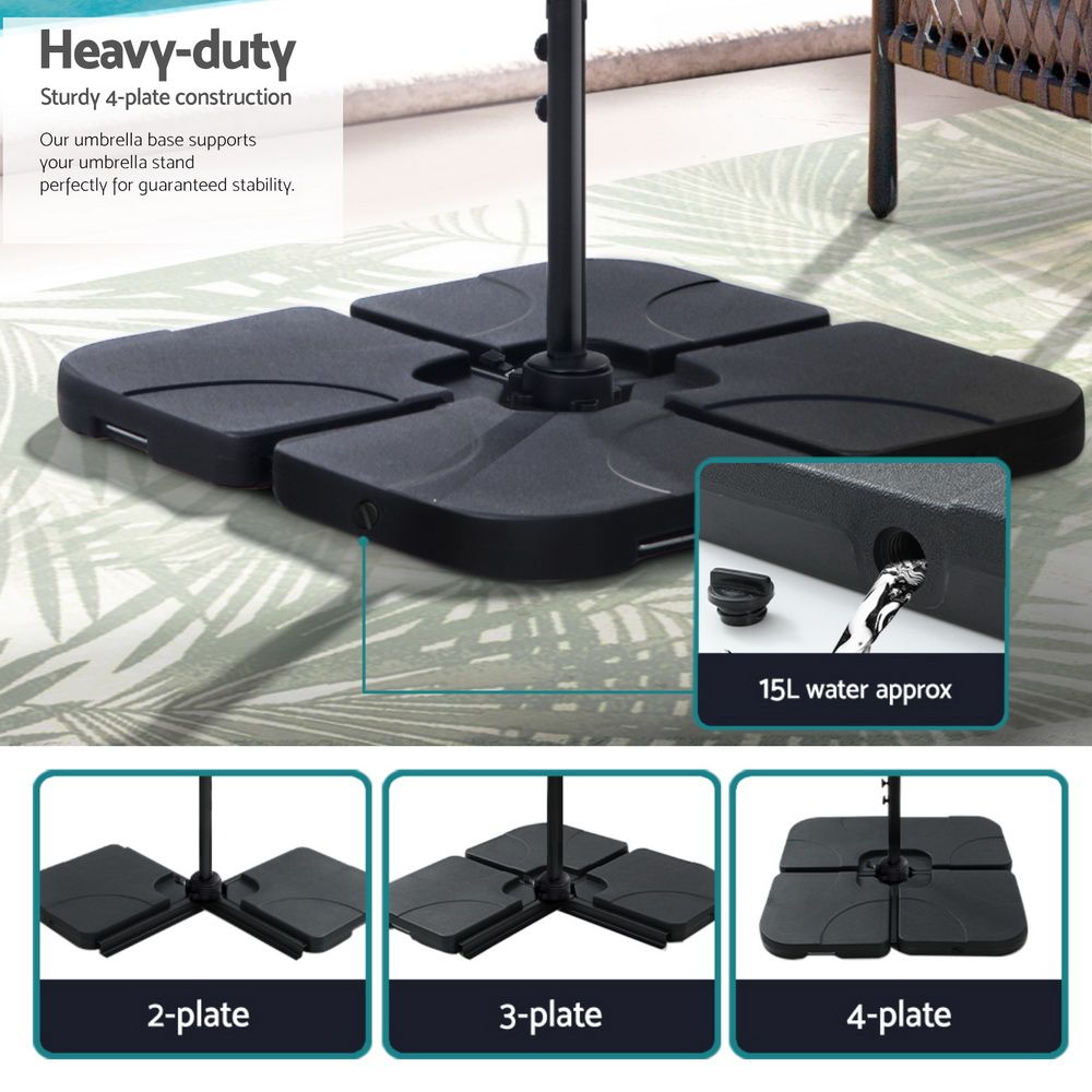 Cantilever patio umbrella base with four black weight plates and center pole