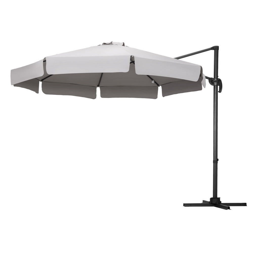 3m cantilever patio umbrella with grey canopy and dark cantilever pole base