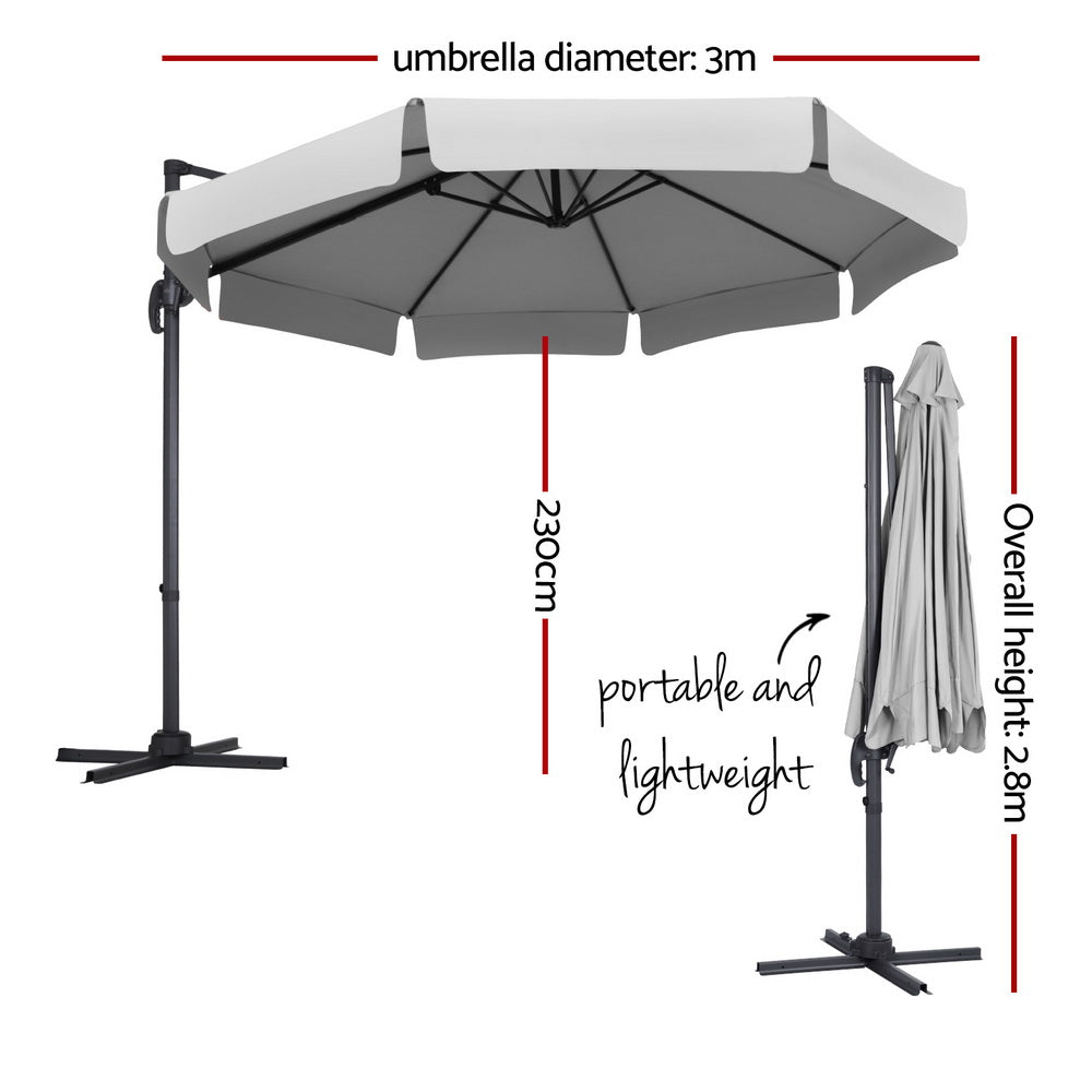 3m cantilever patio umbrella with grey canopy and central rib frame on dark pole