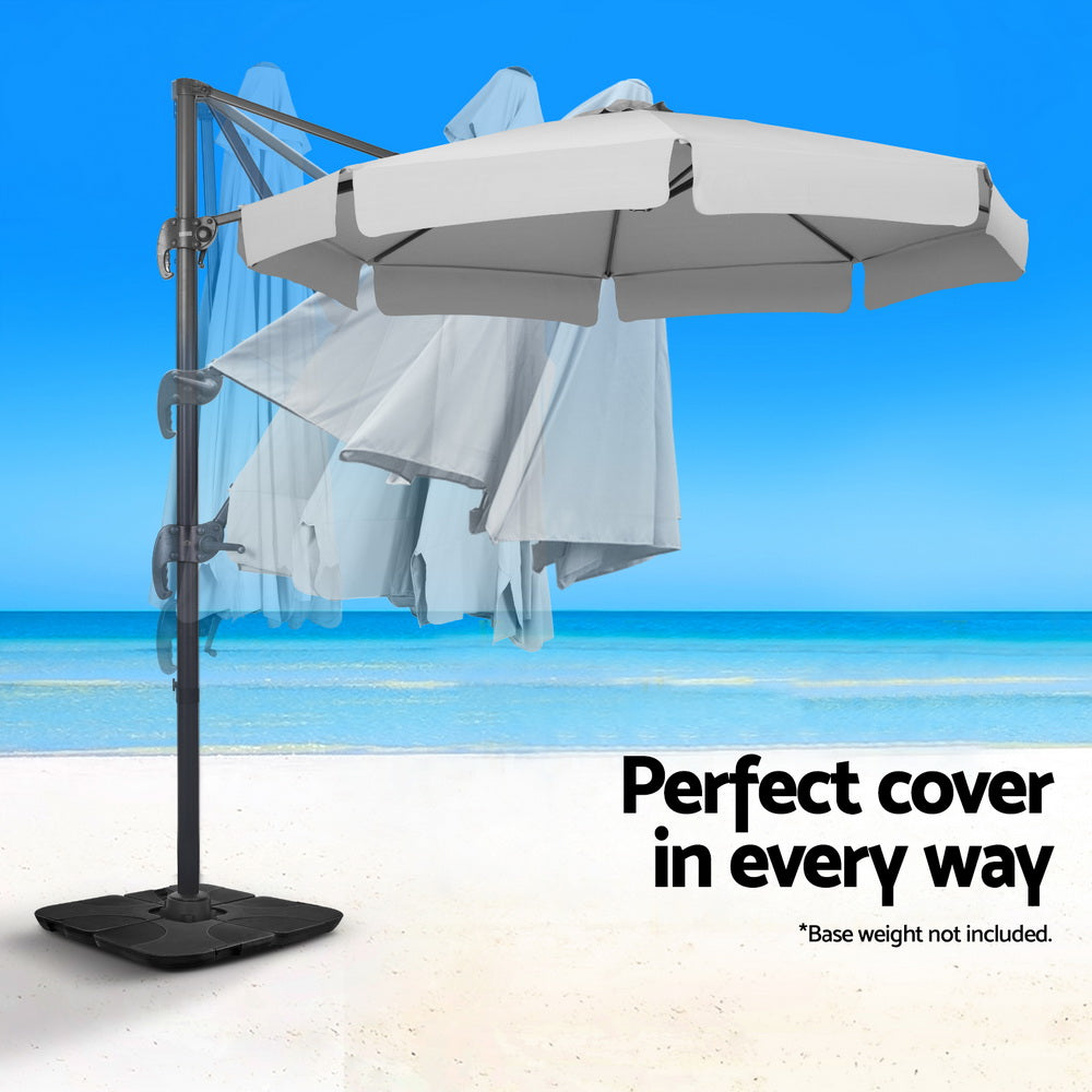 3m cantilever patio umbrella with grey canopy cover and hanging side panels