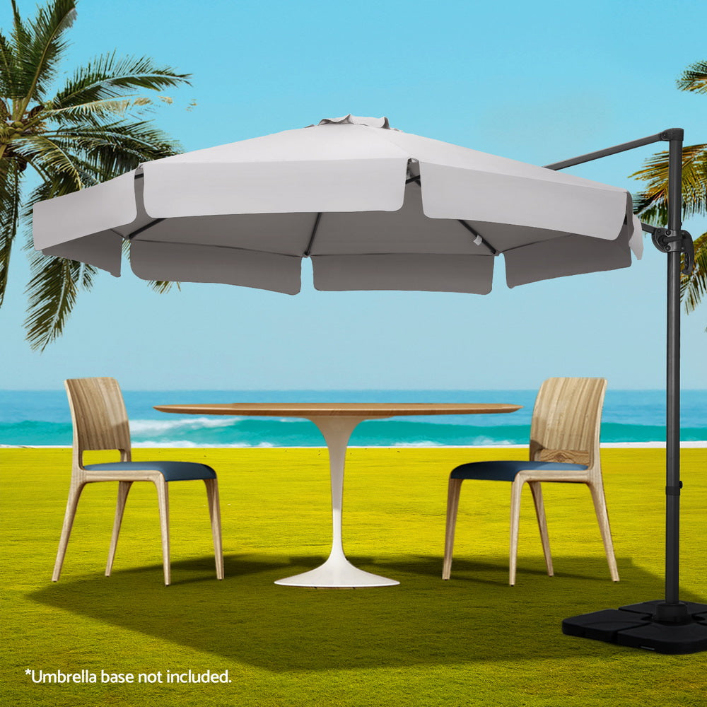 3m cantilever patio umbrella with grey canopy and dark cantilever support pole