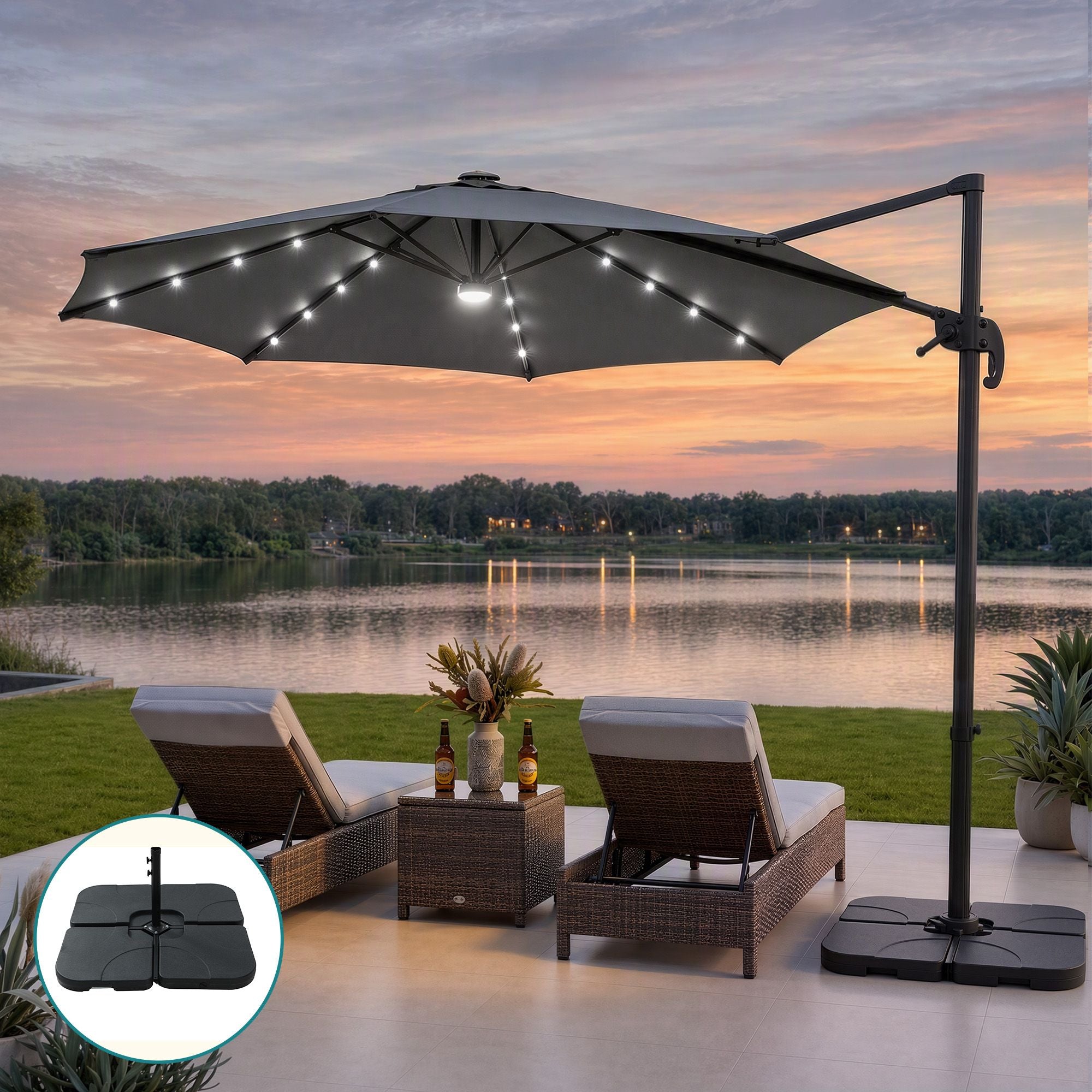 Instahut Outdoor Umbrella w/Base 3m Solar LED Offset Cantilever Patio Parasol Charcoal Bedworld
