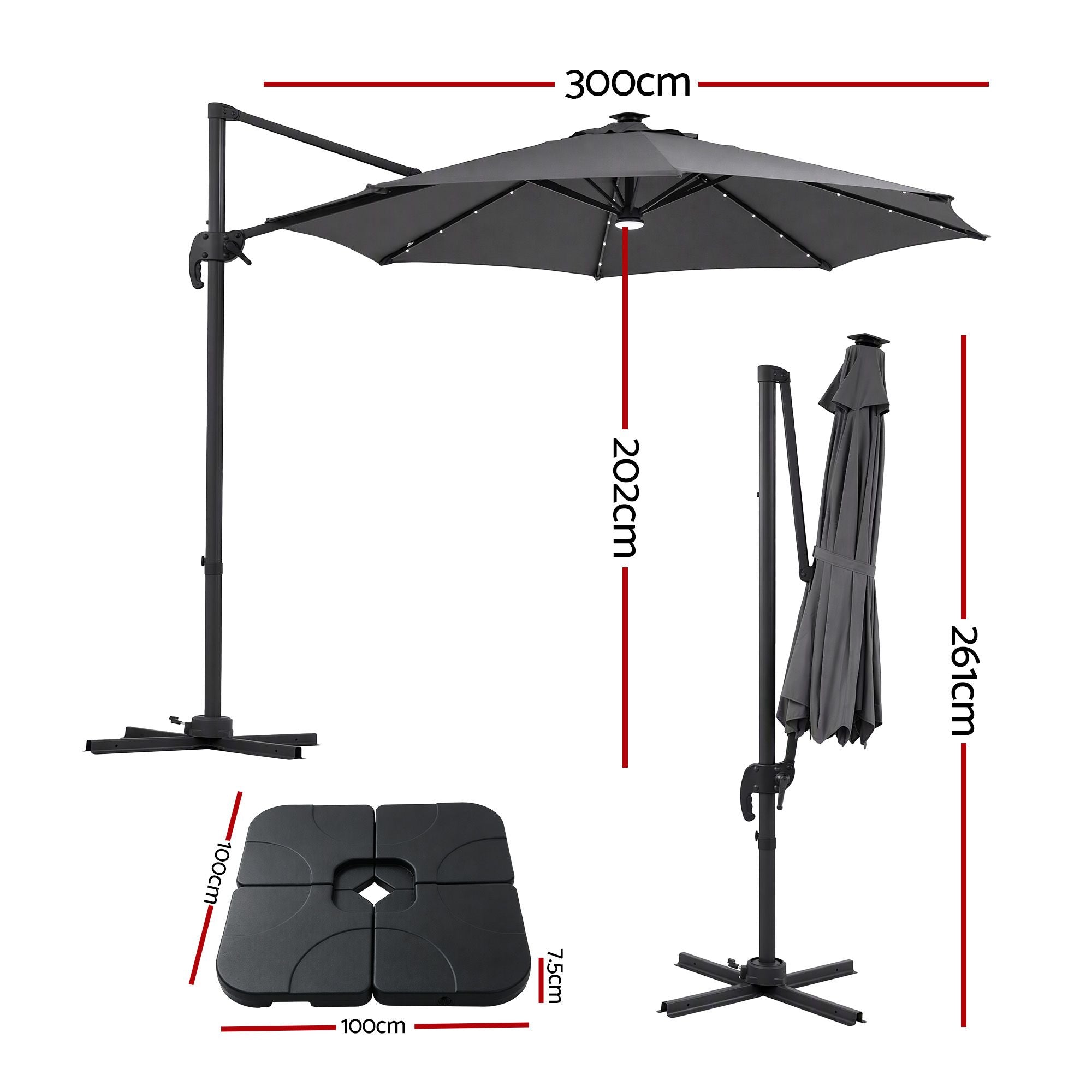 Instahut Outdoor Umbrella w/Base 3m Solar LED Offset Cantilever Patio Parasol Charcoal Bedworld